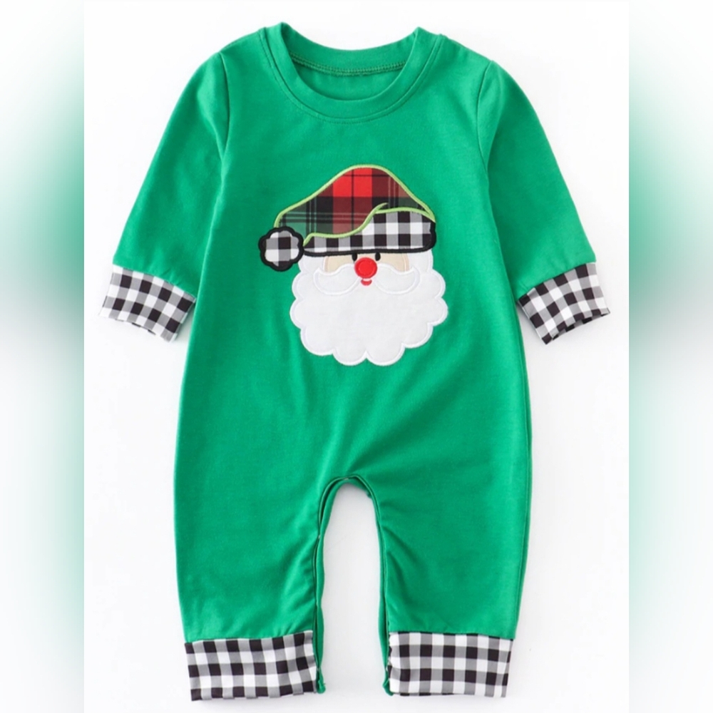 Baby Boy or Girl Buffalo Plaid Santa Christmas Romper NWOT